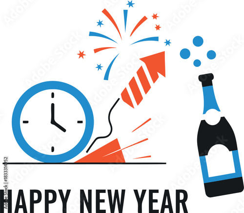 New year's eve celebration with clock, fireworks, and champagne