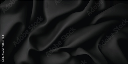 Luxurious black satin silk fabric texture with soft waves and shiny, elegant drapery backdrop