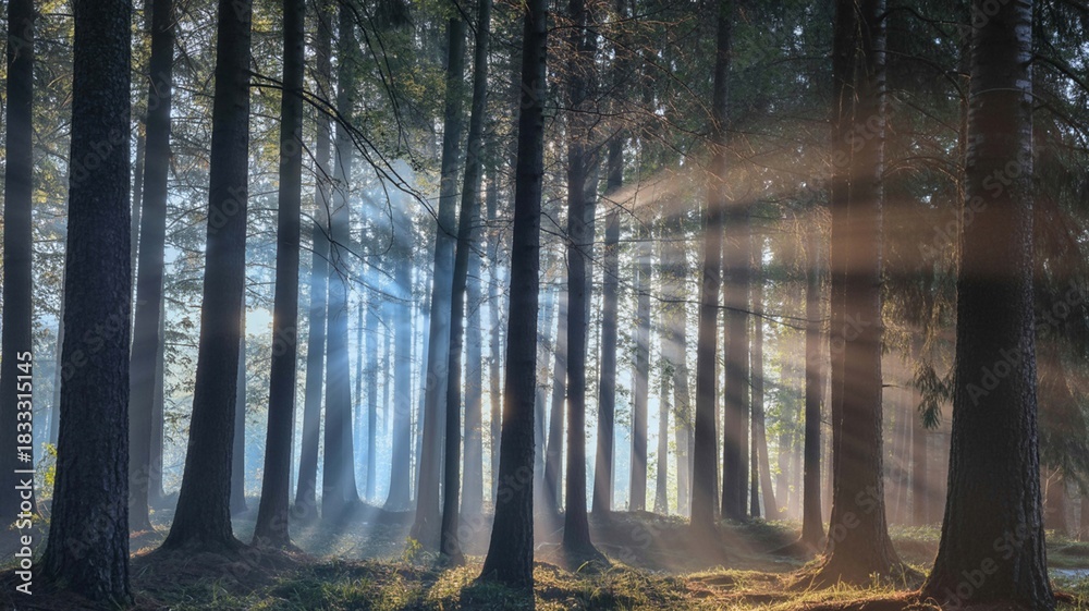 Obraz premium Sunlight rays streaming through tall, dense forest trees creating a mystical atmosphere with visible light beams in the early morning
