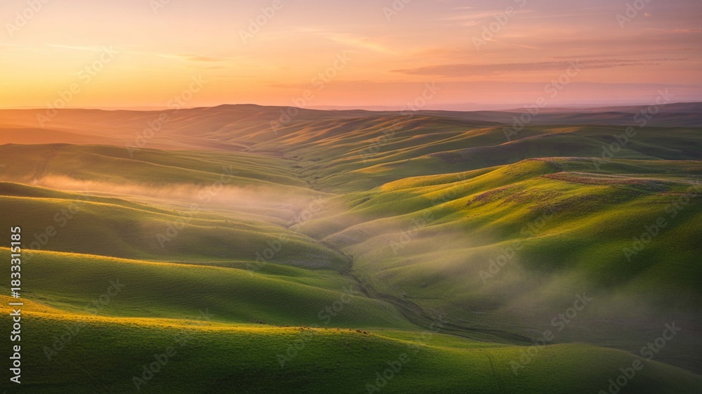 Obraz premium Rolling green hills of tuscany landscape at sunrise with soft mist settling in the valleys under a colorful sky