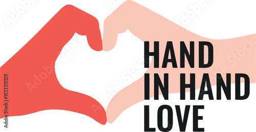Two hands forming heart with 'hand in hand love' text message