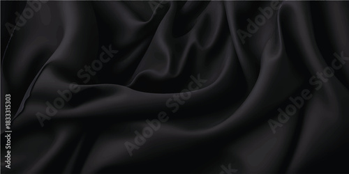 Elegant black silk satin fabric with a luxurious, smooth texture and subtle wave pattern, perfect for a fashion backdrop