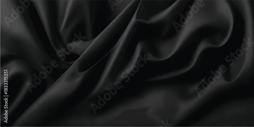 Elegant black satin silk fabric textile luxury smooth shiny backdrop texture with soft wave curves