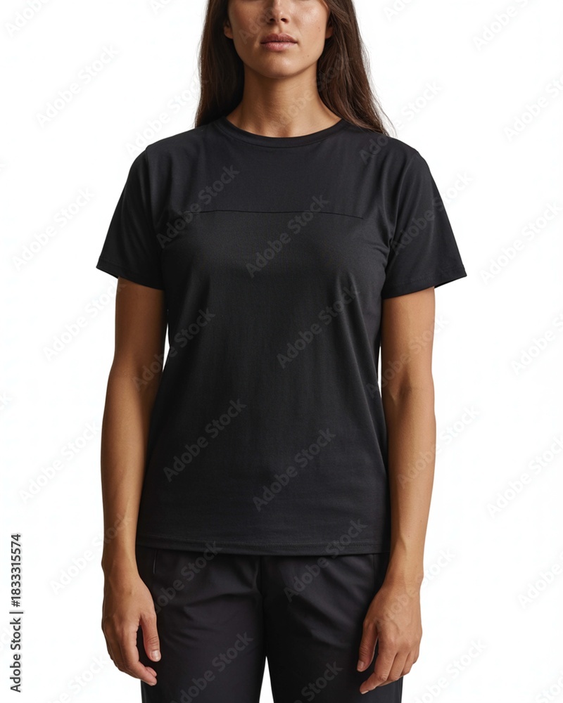 Fototapeta premium Woman wearing a plain black short sleeve tshirt and dark pants standing against a white background, studio shot