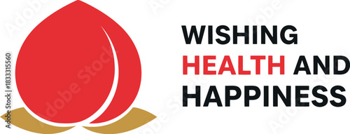 Stylized red peach with 'wishing health and happiness' message.