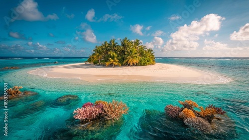 Fototapeta Naklejka Na Ścianę i Meble -  Idyllic tropical paradise island with white sand beach, lush palm trees, and vibrant coral reef visible in crystal clear turquoise ocean water under blue sky