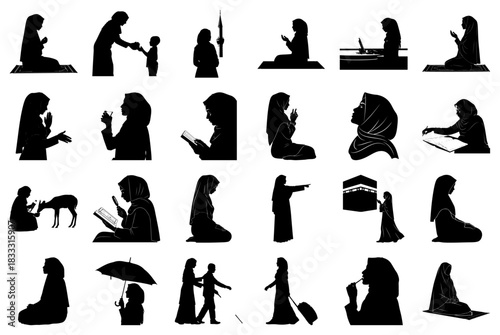 Islamic Women Activities and Religious Practices Silhouettes Keywords: woman, silhouette, hijab