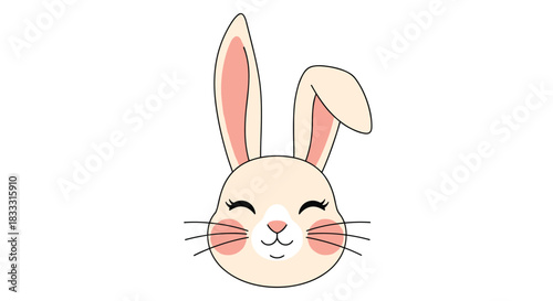 Adorable and cute cartoon bunny face with long ears, rosy cheeks, and a happy expression, isolated on a plain white background for easy use.