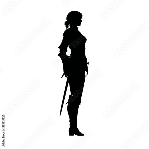 Silhouette of a warrior female in medieval armor against white background