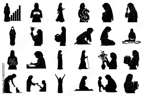 Islamic Women Silhouettes Celebrating Achievements and Family Keywords: woman, islam, muslim