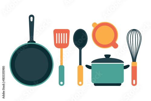 Illustration of a frying pan spatula spoon pot lid and whisk against white background