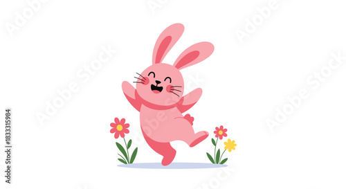 Joyful pink cartoon rabbit jumping and dancing happily among colorful flowers, illustrated in a cute and simple flat style on a white background.