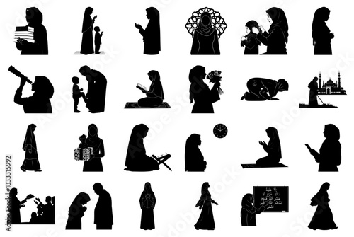 Islamic Women Silhouettes Representing Various Activities and Beliefs