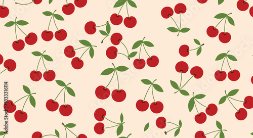 Sweet seamless pattern with pairs of red cherries and green leaves scattered across a light pastel pink background for a fresh, fruity design.