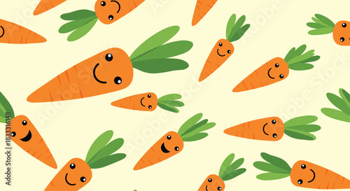 Seamless background pattern with cute and happy cartoon carrots with smiling faces and green tops, scattered on a light yellow backdrop.
