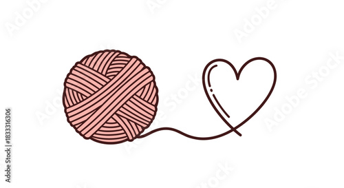 Cute illustration of a pink ball of yarn with a thread that unravels to form a simple heart shape, symbolizing a love for knitting or crochet.