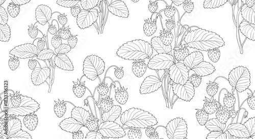 Seamless black and white pattern of hand-drawn strawberry plants with leaves and berries, perfect for coloring books or vintage-style fabric.