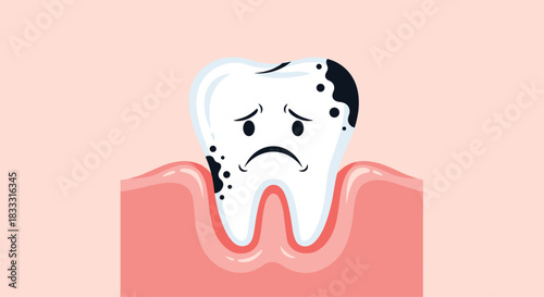 Sad cartoon tooth character with black spots of decay, shown in pink gums, illustrating the concept of dental caries and toothache.