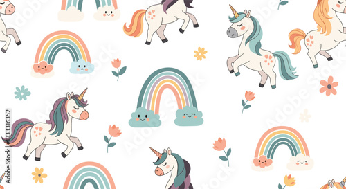 Seamless nursery pattern with cute cartoon unicorns, smiling rainbow clouds, and colorful flowers scattered on a simple white background.