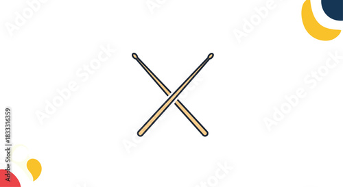 Minimalist icon of two crossed wooden drumsticks, representing music, rhythm, and percussion, with colorful abstract shapes in the corners.