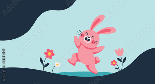 A cheerful pink Easter bunny is jumping for joy among colorful flowers on a light blue background, framed by dark blue abstract shapes.