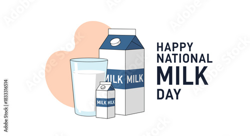Illustrated banner for Happy National Milk Day with a glass of milk, a large carton, and a small carton on a white background.