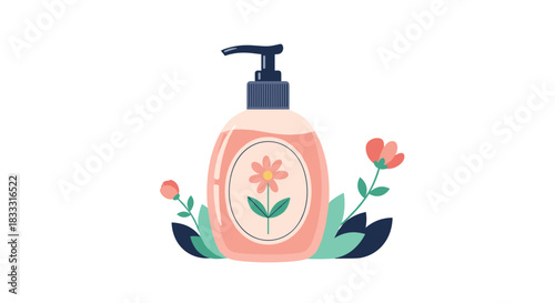 Pink pump bottle of liquid soap or lotion with a floral label and decorative flowers, isolated on a clean white background.