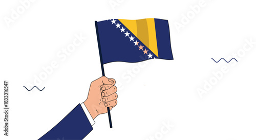Hand in a business suit holding the national flag of Bosnia and Herzegovina, waving in a simple illustrated style design.