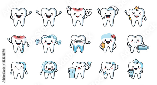 Large set of cute kawaii tooth characters showing different emotions and dental hygiene concepts like brushing and flossing.