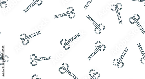 Seamless black and white pattern of randomly scattered manicure scissors in a simple line art style for a beauty background.