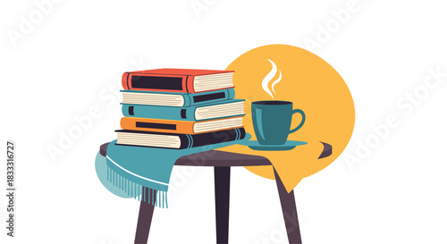Cozy illustration of a stack of books and a steaming cup of coffee on a stool, representing reading and relaxation time.