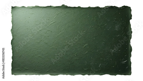 Textured dark green handmade paper with torn deckled edges isolated on a transparent background