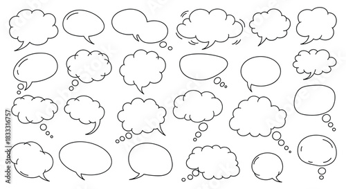 Large collection of hand-drawn speech and thought bubbles in various shapes, created with a simple black doodle line style.