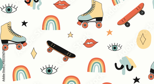 Seamless retro groovy pattern with roller skates, skateboards, rainbows, and other trendy doodles from the 70s and 80s.