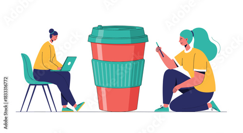 Two modern women using a laptop and phone next to a giant takeaway coffee cup, representing a coffee break or coworking.