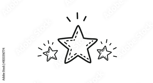 Hand-drawn doodle of three shining stars, with a large central star and two smaller ones, representing success or quality.