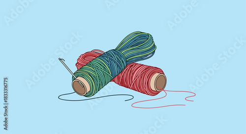 Simple illustration of two colorful spools of thread with a sewing needle on a solid light blue background for craft concepts.