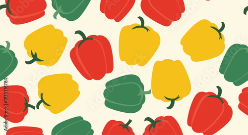 Colorful seamless vegetable pattern with red, yellow, and green bell peppers scattered on a light cream-colored background.