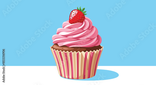 Delicious cupcake with pink swirled frosting and a fresh strawberry on top, sitting on a table against a blue background.