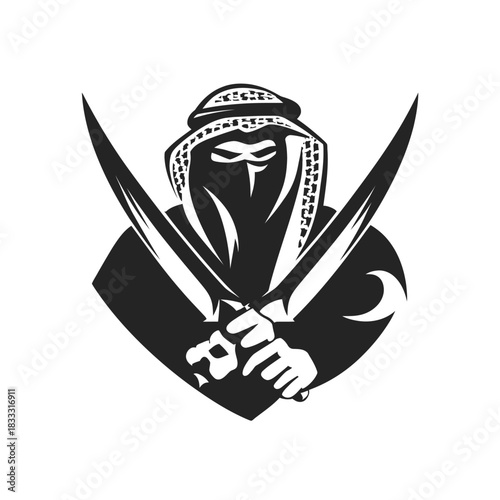 Silhouette of a warrior with crossed swords and crescent moon symbol