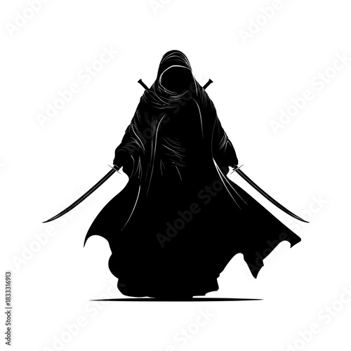 Silhouette figure in cloak with swords on white background