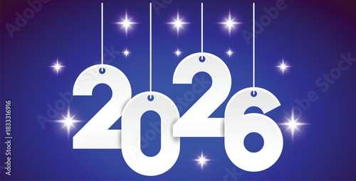 Hanging white 2026 numbers against a blue background with sparkling star decorations