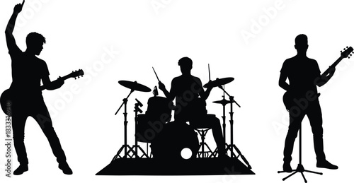 Rock band silhouette, live music performance, guitarist, drummer, bassist, concert energy, stage lights, musical trio, black background, dynamic pose, entertainment