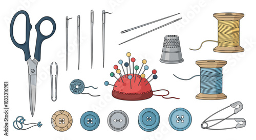 Large collection of colorful sewing and tailoring supplies, including scissors, needles, thread, buttons, and a pincushion.