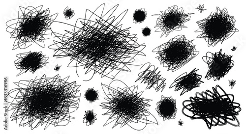 Set of chaotic black scribbles and tangled lines, creating abstract grunge textures and shapes on a white background.