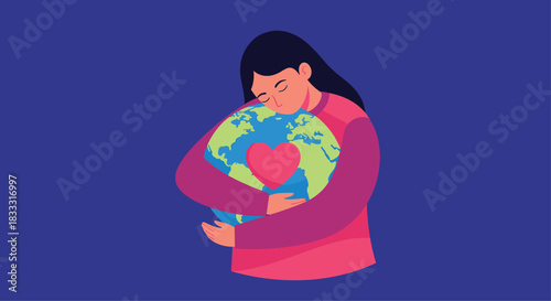 Woman peacefully hugging a globe with a heart on it, illustrating love for the planet, Earth Day, and environmental care.