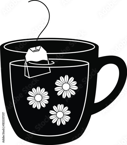 A simple black and white illustration of a mug with tea and flowers
