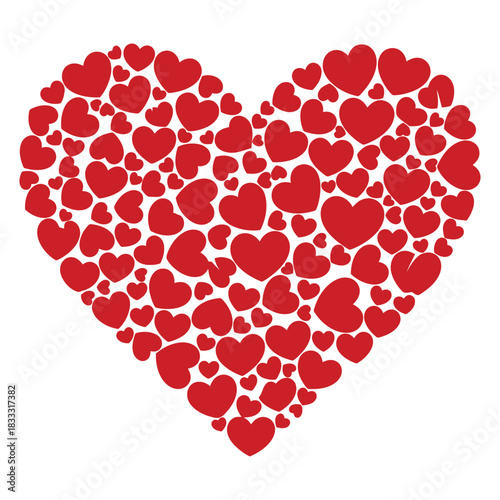 Red heart shape made of many small hearts on a white background for valentine's day art