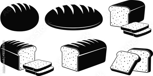Various types of bread are displayed in a simple black and white illustration