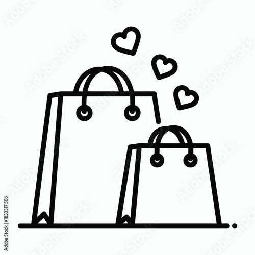 Two shopping bags with heart shapes floating above them in a minimalist line drawing